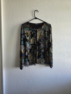 MSK Black Cardigan with Teal Blue and Gold Floral Accents